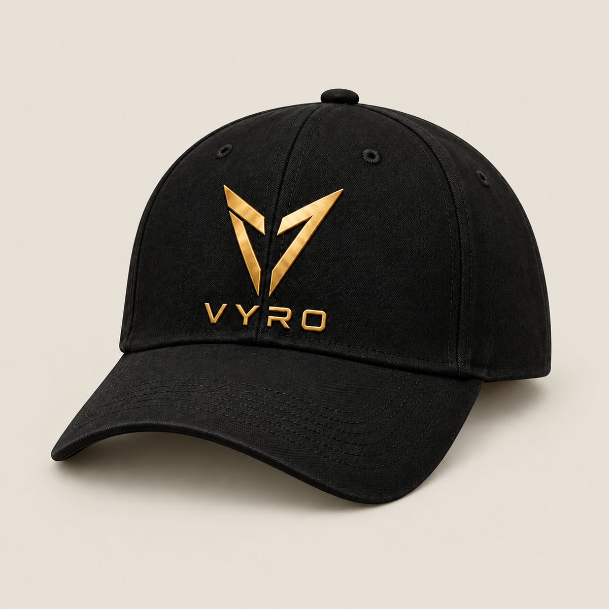 Black VYRO cap with gold emblem, front three-quarter view