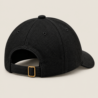 Black VYRO cap with adjustable strap and gold buckle, rear three-quarter view