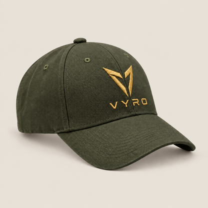 Olive VYRO cap with gold emblem, alternate front three-quarter view