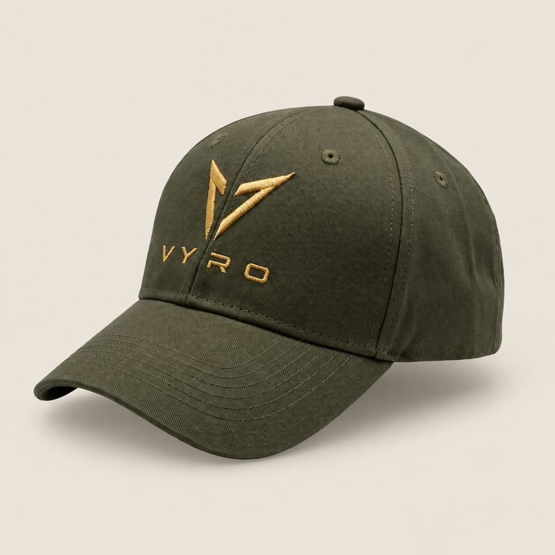 Olive VYRO cap with gold emblem, front three-quarter view