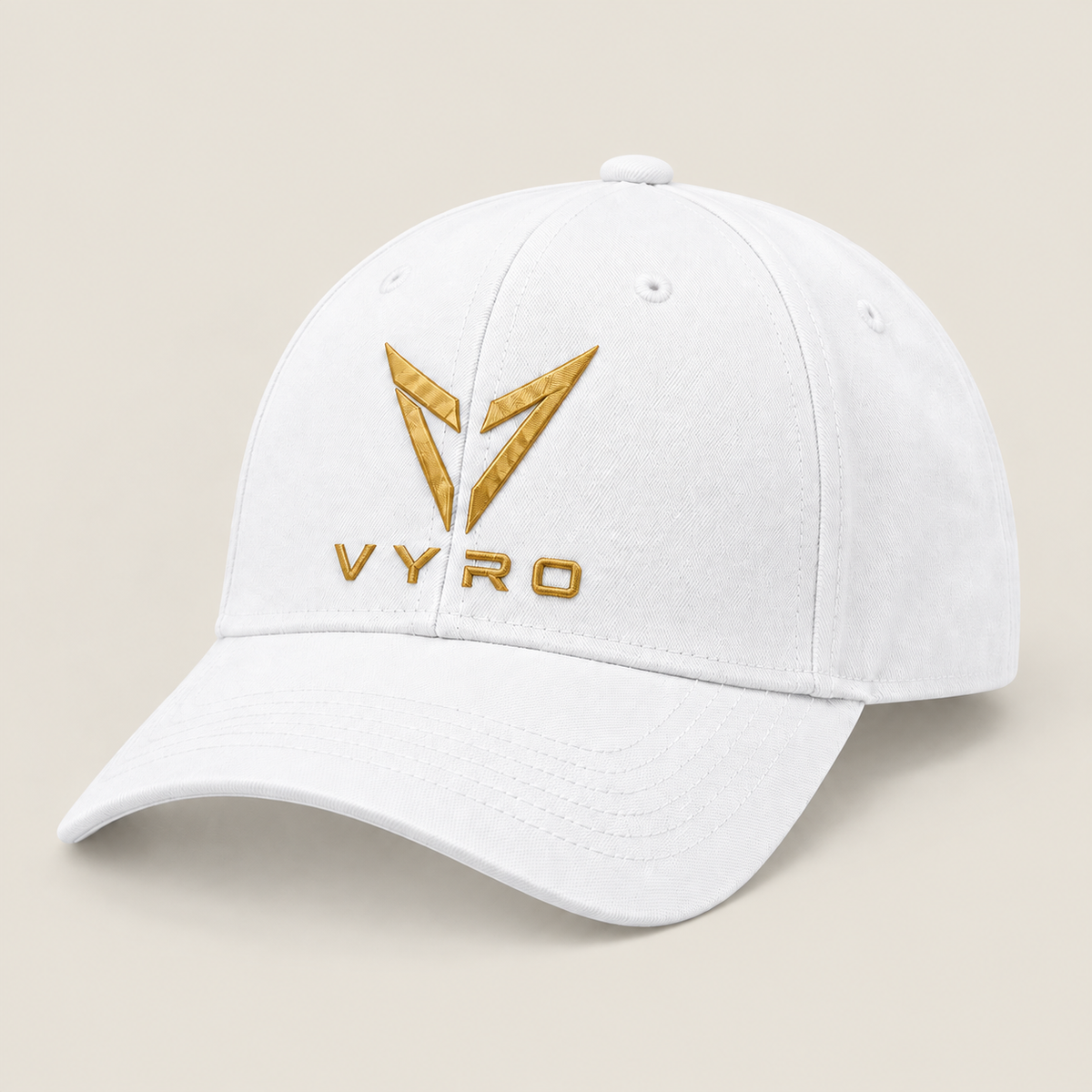 White VYRO cap with gold emblem, alternate front three-quarter view