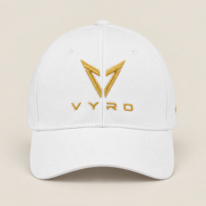 White VYRO cap with gold emblem, front view