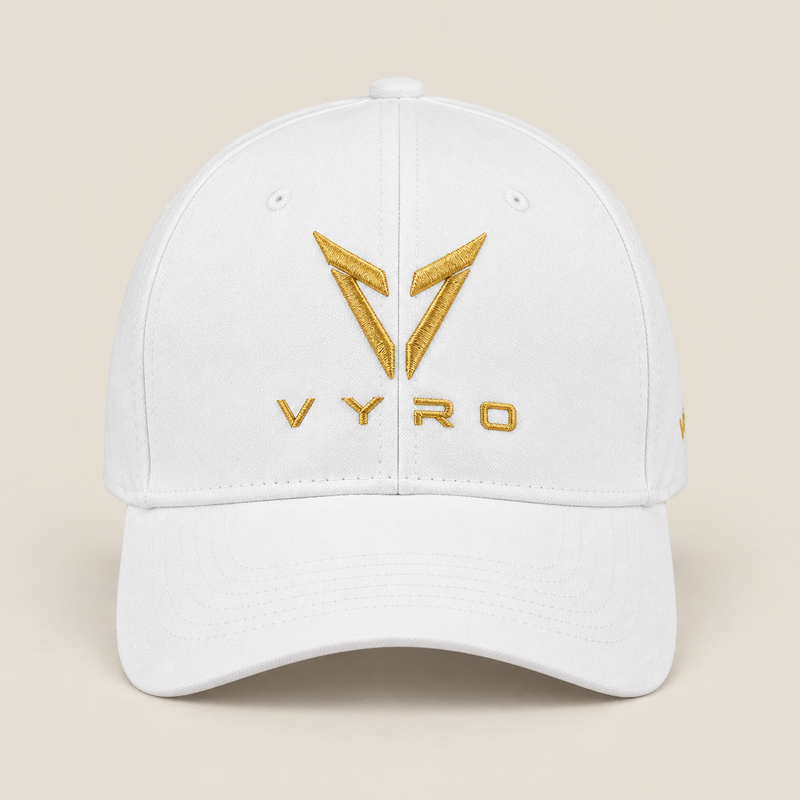 White VYRO cap with gold emblem, front view