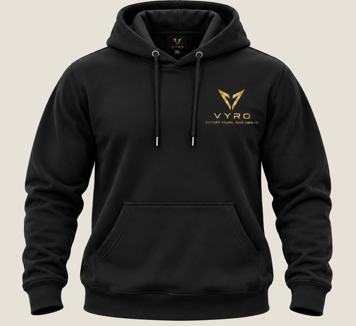 Black VYRO gold emblem pullover hoodie, front view