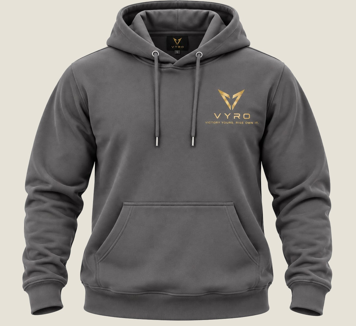 Graphite VYRO gold emblem pullover hoodie, front view