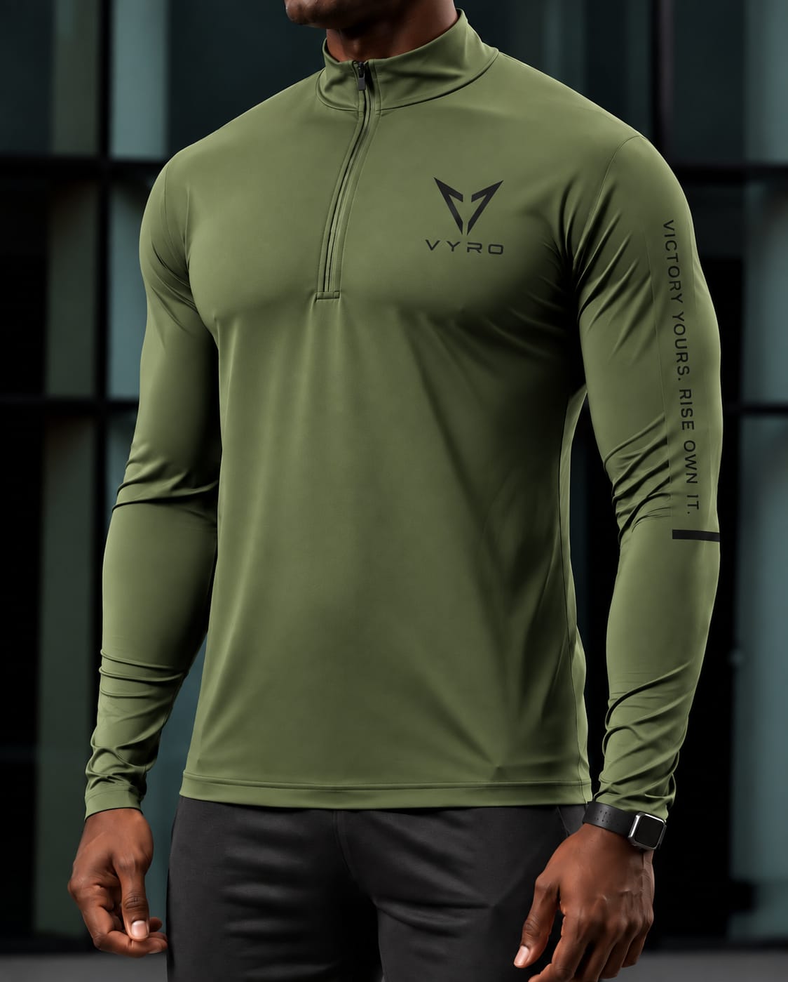 Olive VYRO quarter-zip with black chest and sleeve branding