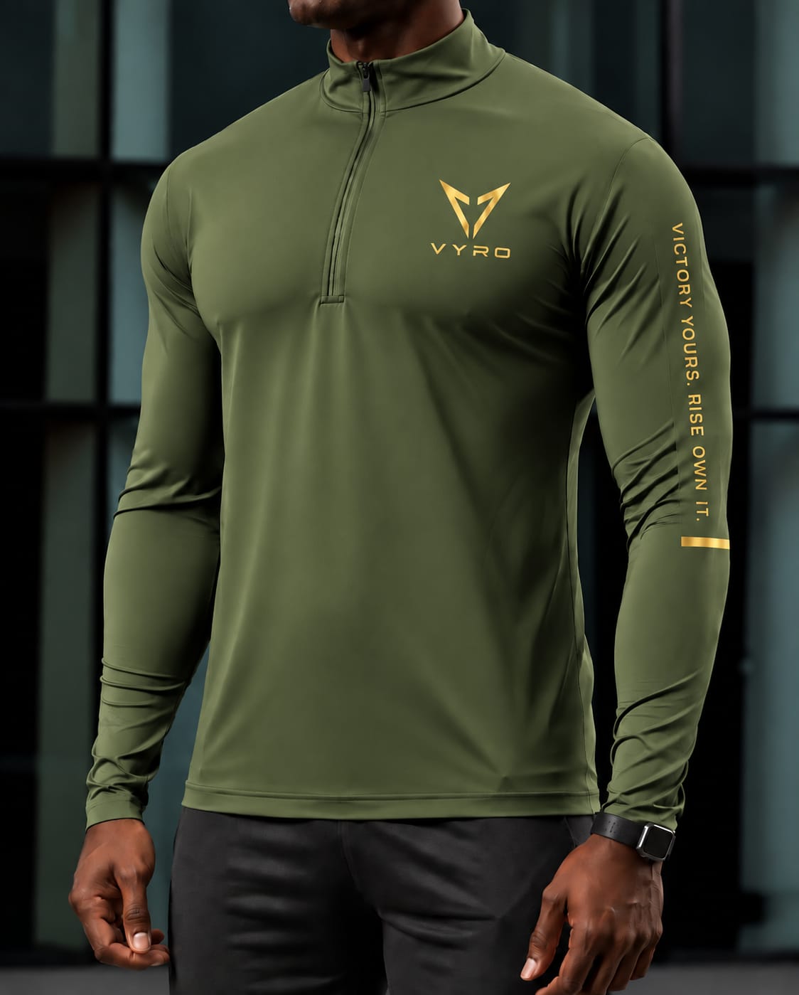 Olive VYRO quarter-zip with gold chest and sleeve branding