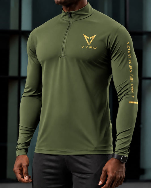 Olive VYRO quarter-zip with gold chest and sleeve branding