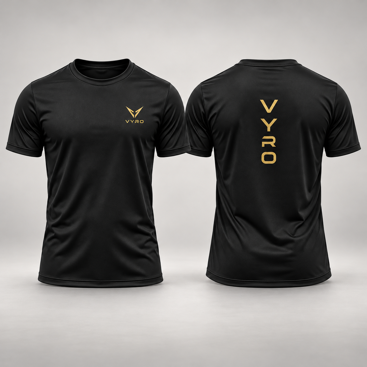 Black VYRO T-shirt with gold chest emblem and vertical back wordmark