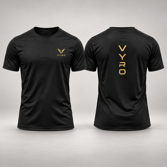 Black VYRO T-shirt with gold chest emblem and vertical back wordmark