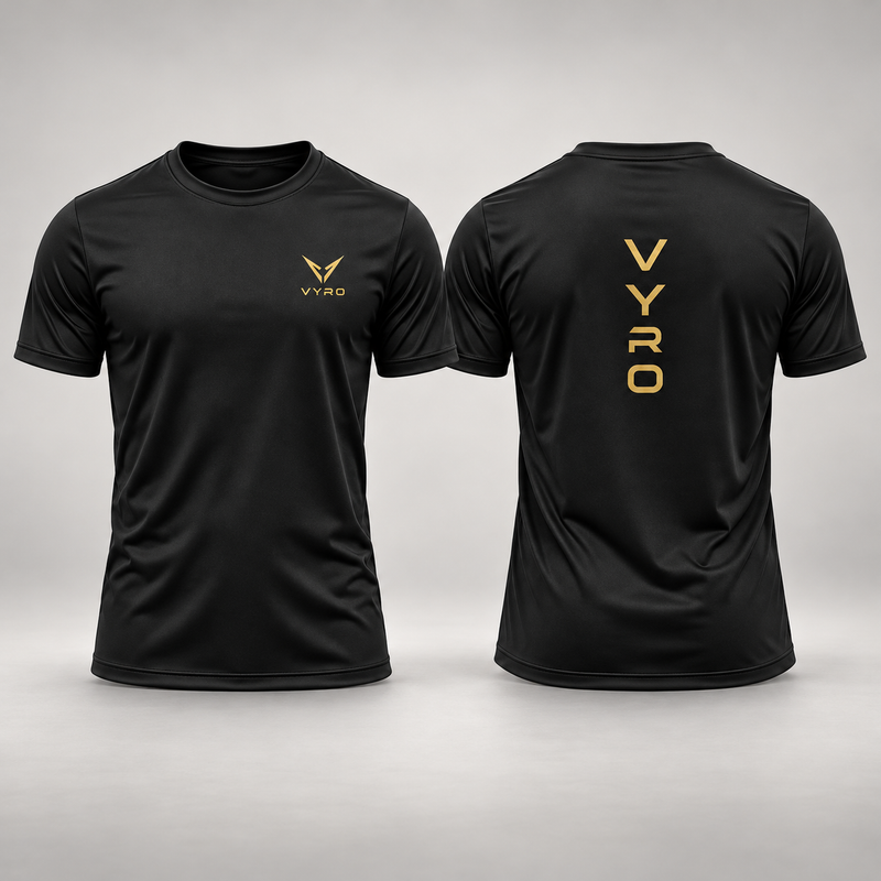 Black VYRO T-shirt with gold chest emblem and vertical back wordmark