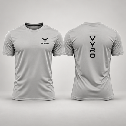 Light grey VYRO T-shirt with black chest emblem and vertical back wordmark