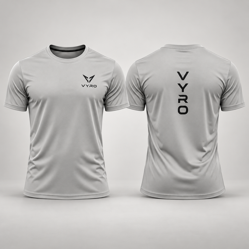 Light grey VYRO T-shirt with black chest emblem and vertical back wordmark